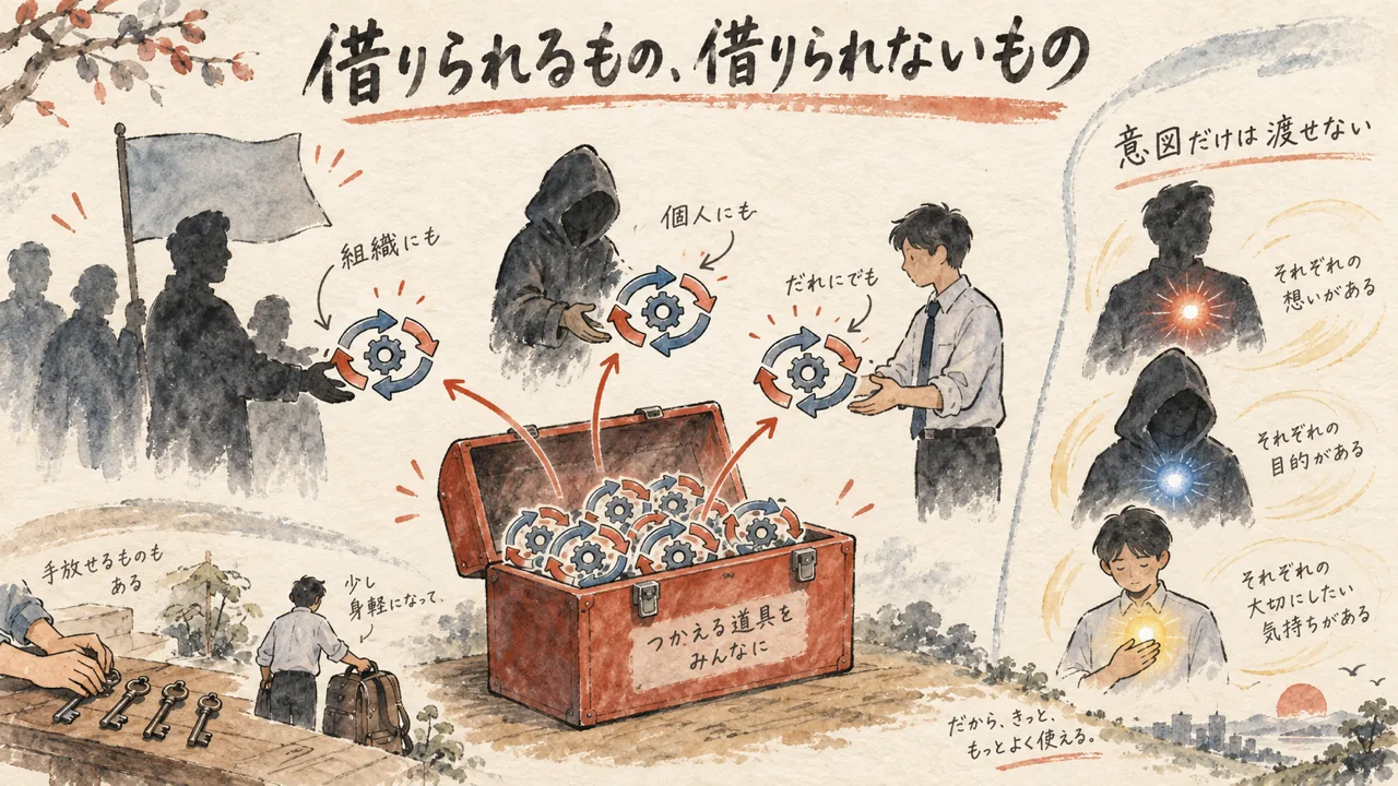 開いた道具箱から同じ道具が誰にでも貸し出される一方、胸の灯りだけは人それぞれで渡せないことを描いた水彩イラスト
