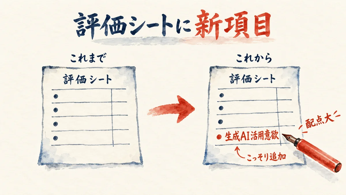 人事評価シートに『生成AIなどの積極的な活用、あるいは知識習得などの意向はあるか』という項目がこっそり追加されたことを示す図。旧評価シートと新評価シートの対比