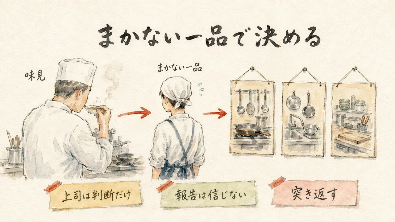 まかない一品で持ち場を決める料理長の図解