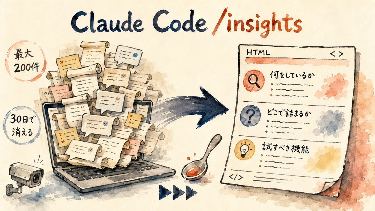 Claude Codeの/insightsが履歴の山からHTMLレポート1枚を作る流れの図解(最大200件・30日で消える)