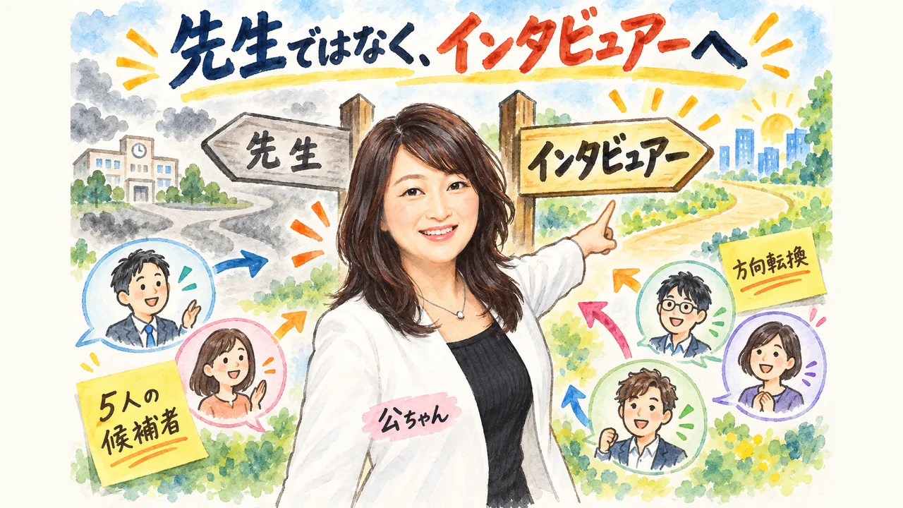 先生ではなくインタビュアーを選んだ方向転換を示す図解