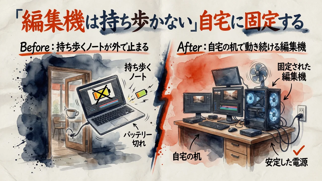 持ち歩くノートから自宅固定の編集機への変化を表す図解