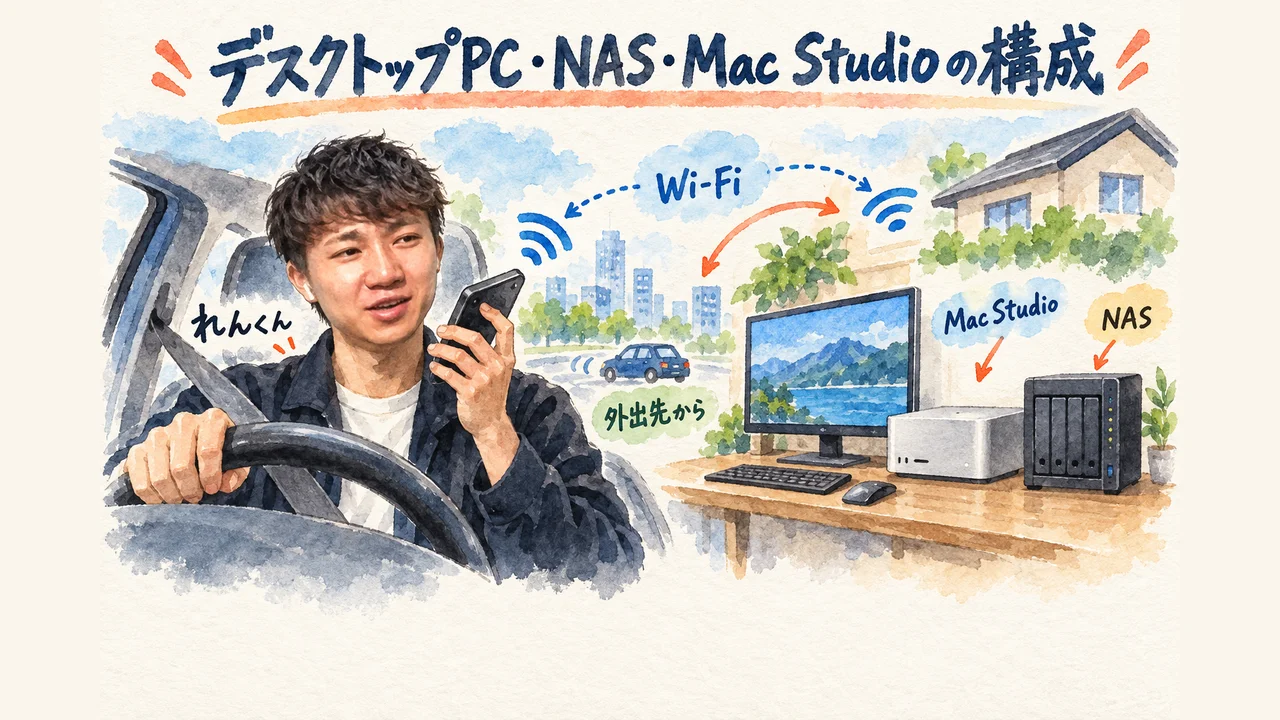 れんくんがデスクトップPCとNASとMac Studioが繋がる構成を説明するグラレコ