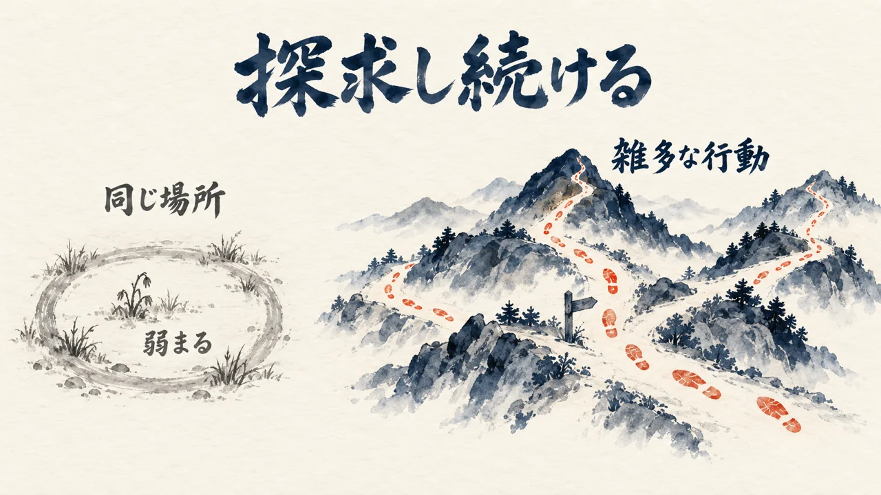 同じ場所に留まると弱まり雑多に動くと道が広がる図解