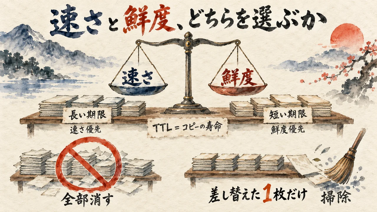 更新頻度の高いページのTTLを短めに設定し、差し替えた1枚だけをPurgeで掃除する。