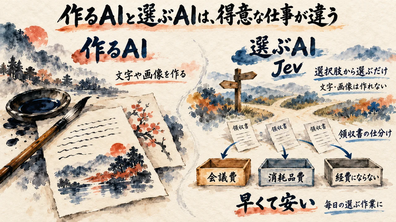 作るAIと選ぶAIの得意な仕事の違いを比べる対比の図解