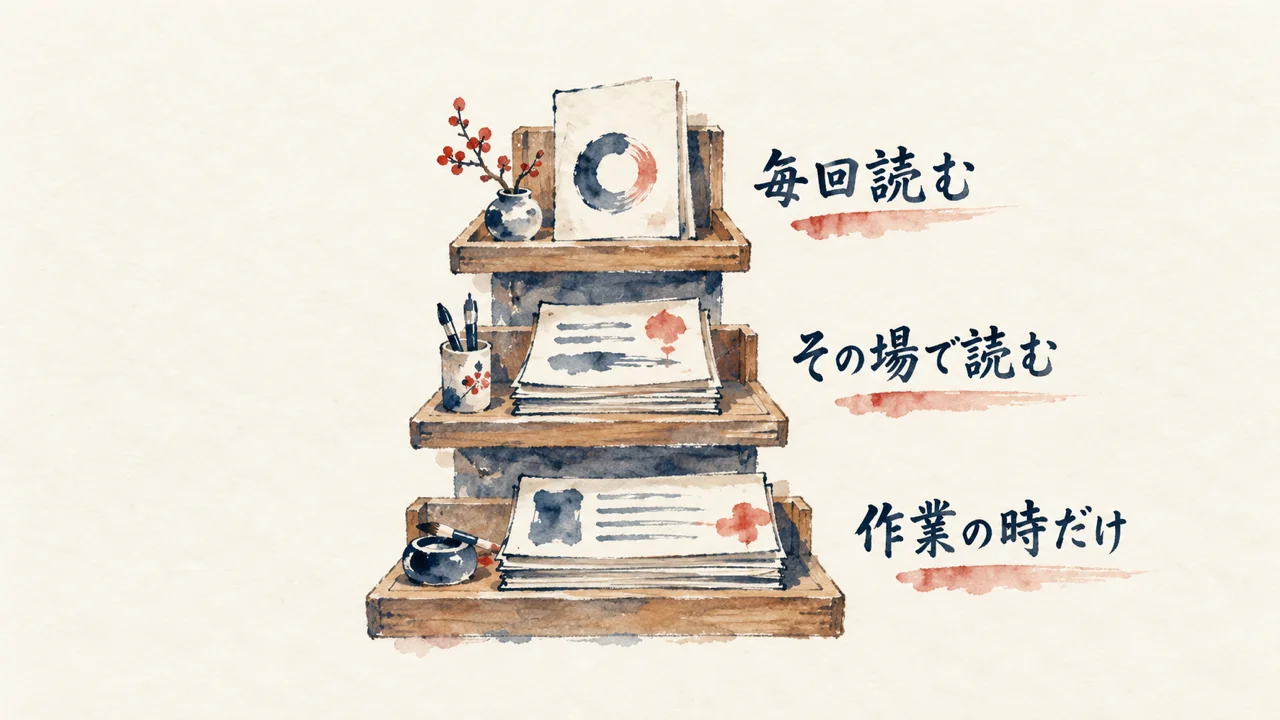 毎回読む・その場で読む・作業の時だけ読むの3層構造を示す図解