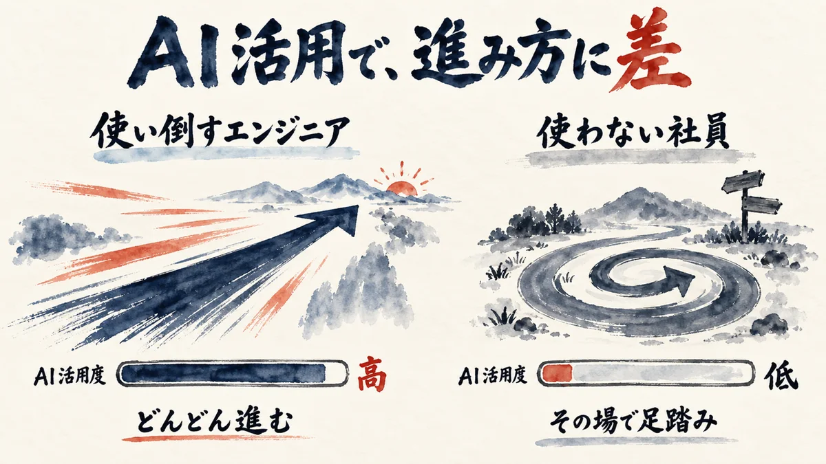 AIを使い倒すエンジニアはまっすぐ速く進み、AIを使わない社員はその場で足踏みしていることを示す対比図