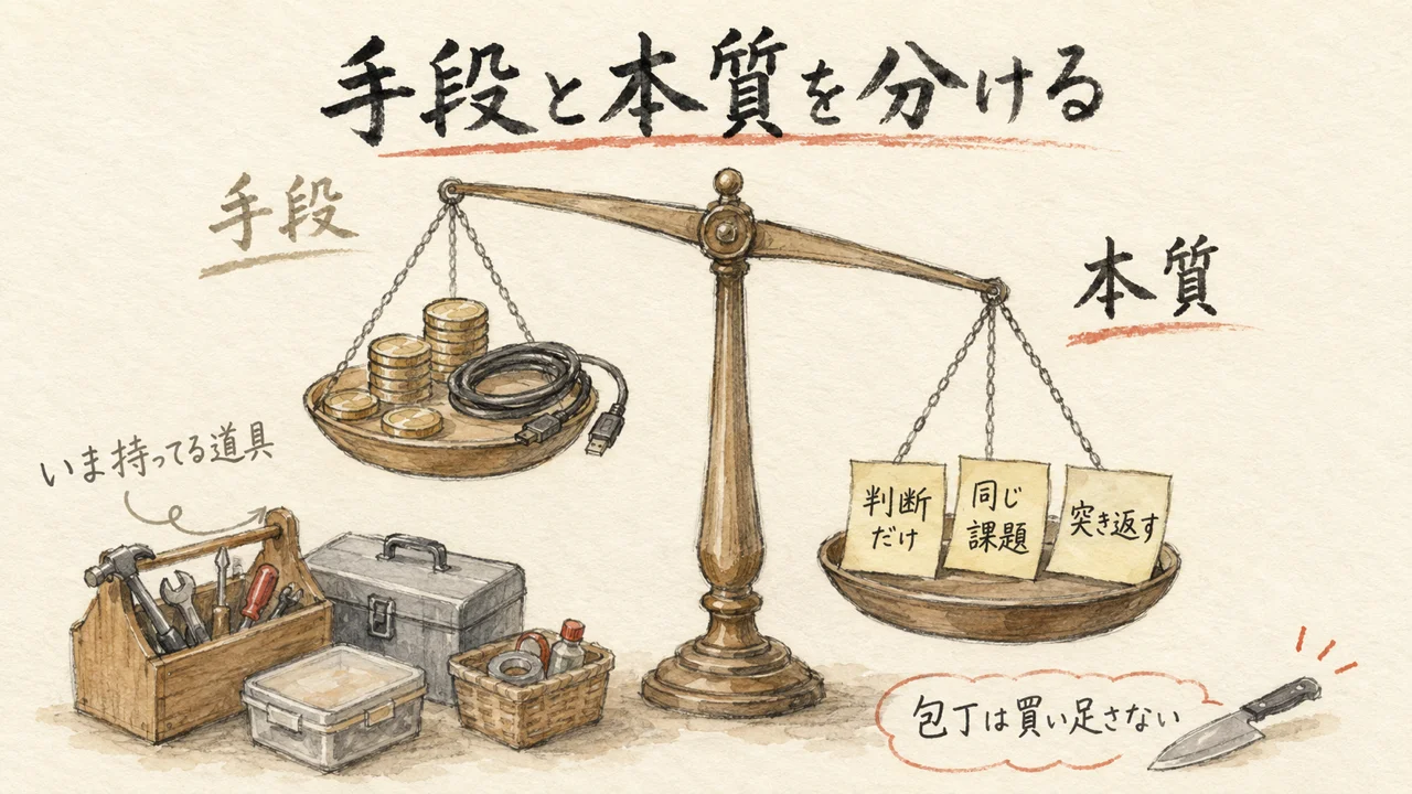 手段と本質を天秤で分ける図解