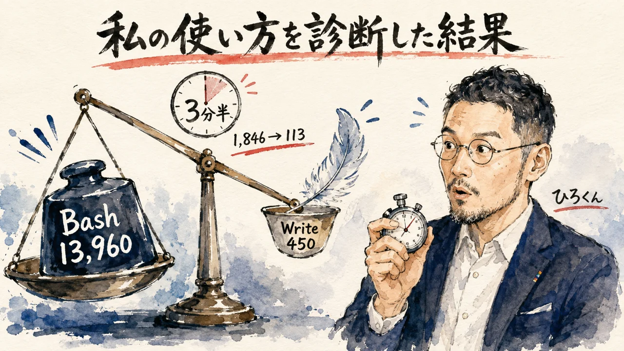 Bash 13,960とWrite 450の天秤に驚くひろくん。3分半・1,846→113の実測