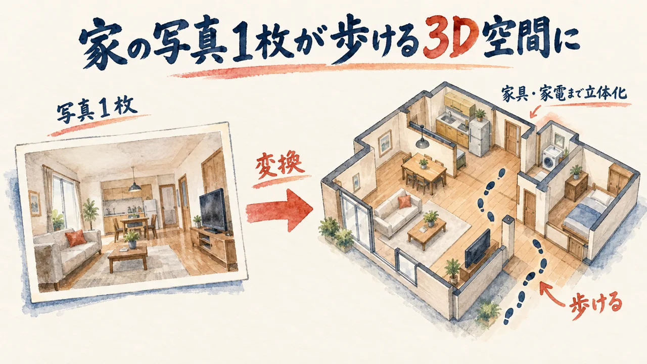 家の写真1枚が歩ける3D空間になる図解