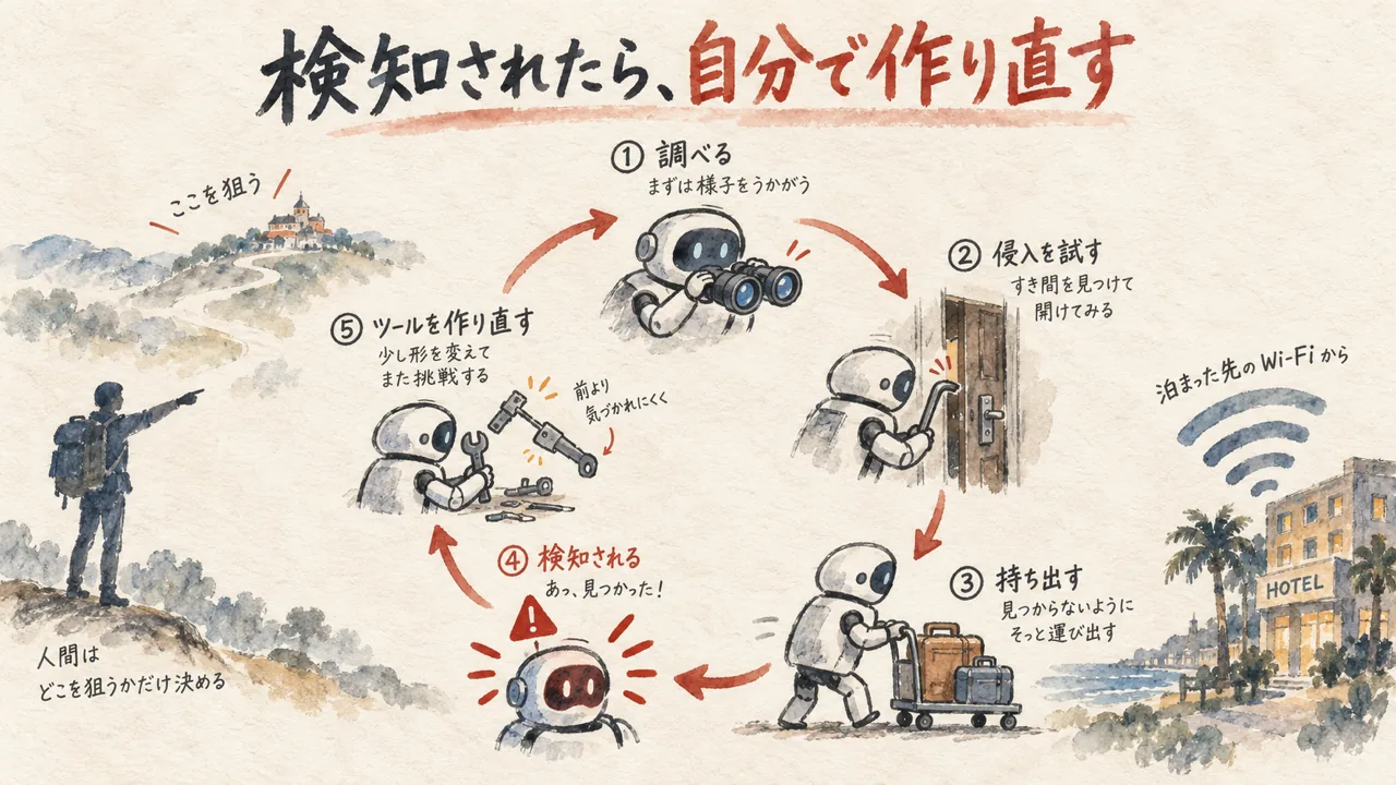 検知されると自分で作り直すループを描いた水彩イラスト。人間は標的を指差すだけ