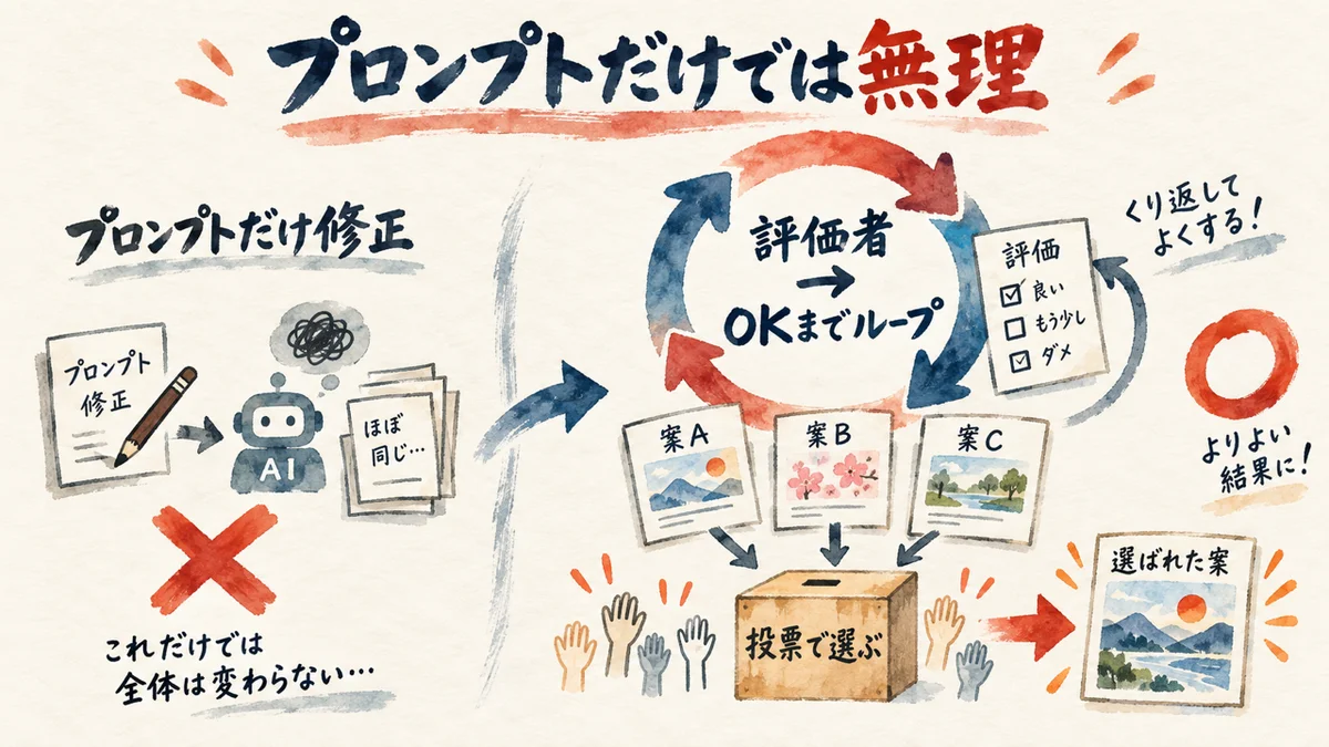 プロンプトを直すだけでは無理。評価ループと投票という対策の図解