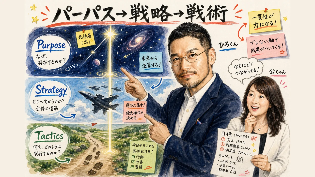 パーパス→戦略→戦術の3層図解