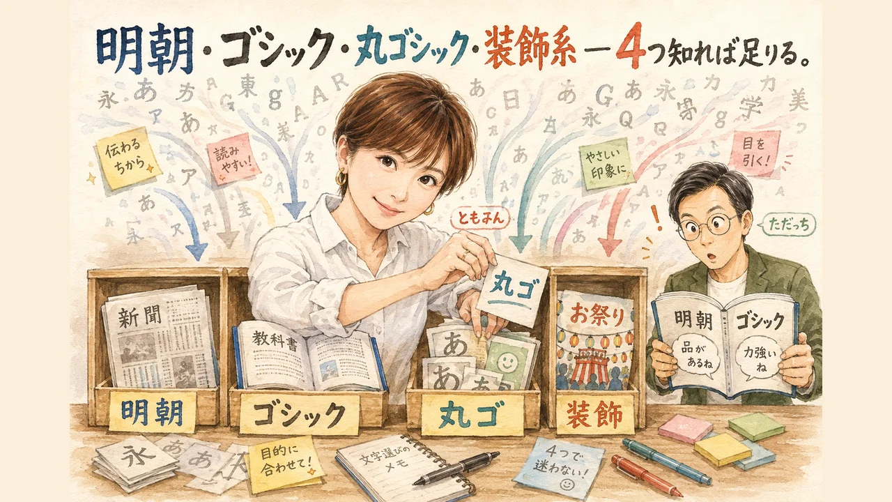 明朝・ゴシック・丸ゴシック・装飾系の4分類