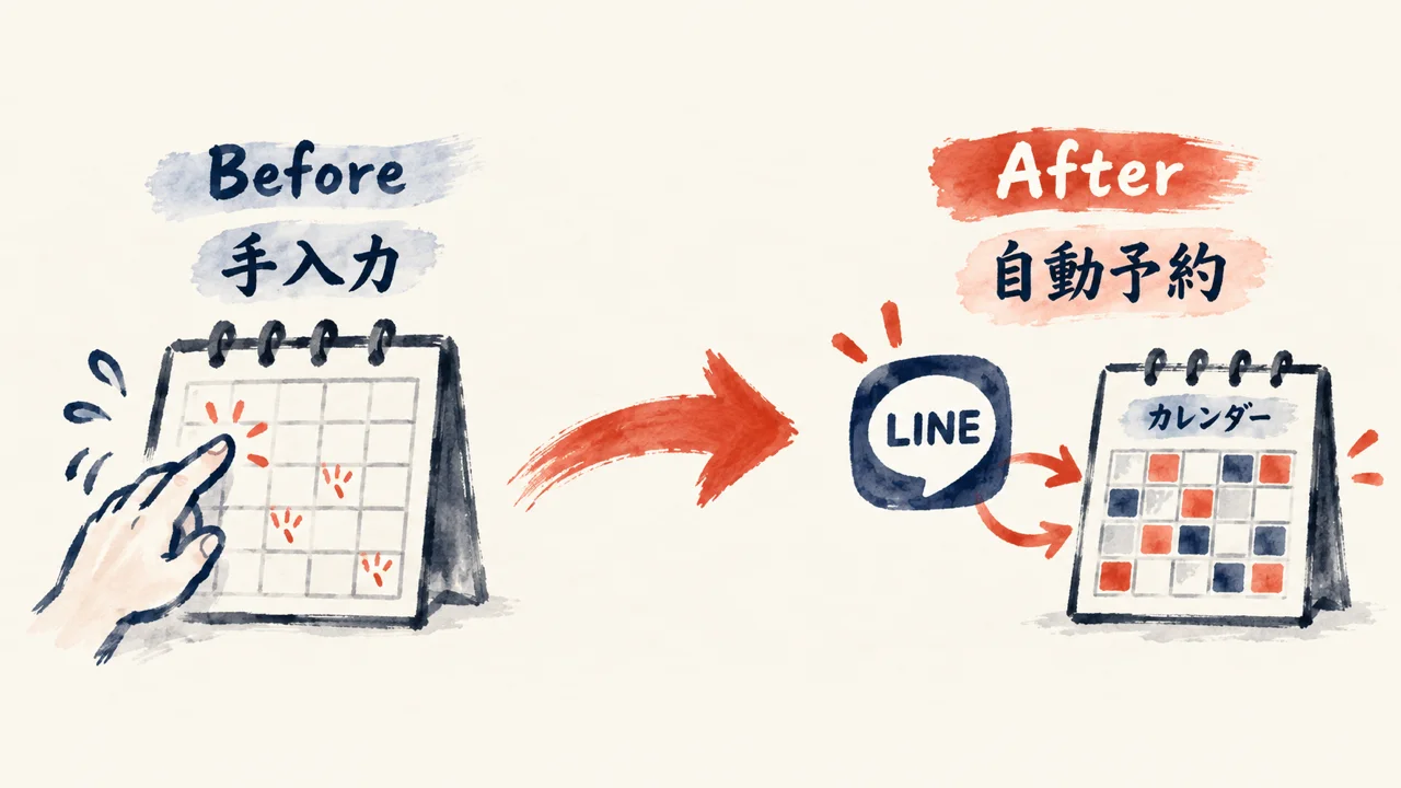 手入力からLINE連携カレンダーの自動予約へ変化するBefore After図解