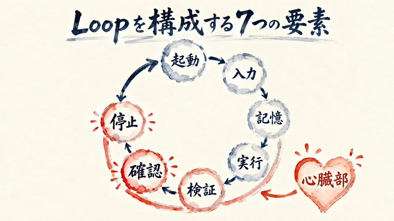 Loopを構成する7つの要素——トリガー・入力・状態・実行・検証・エスカレーション・停止条件の分解図