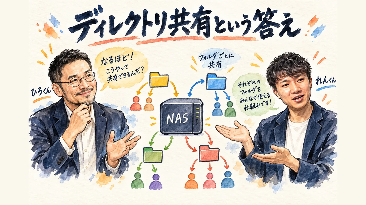 ひろくんとれんくんがディレクトリ共有でチームがClaude Codeを操作する仕組みを話し合うグラレコ