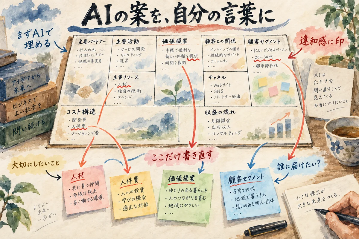 AIが埋めた事業計画の違和感を手書きで書き直す様子を描いたグラレコ