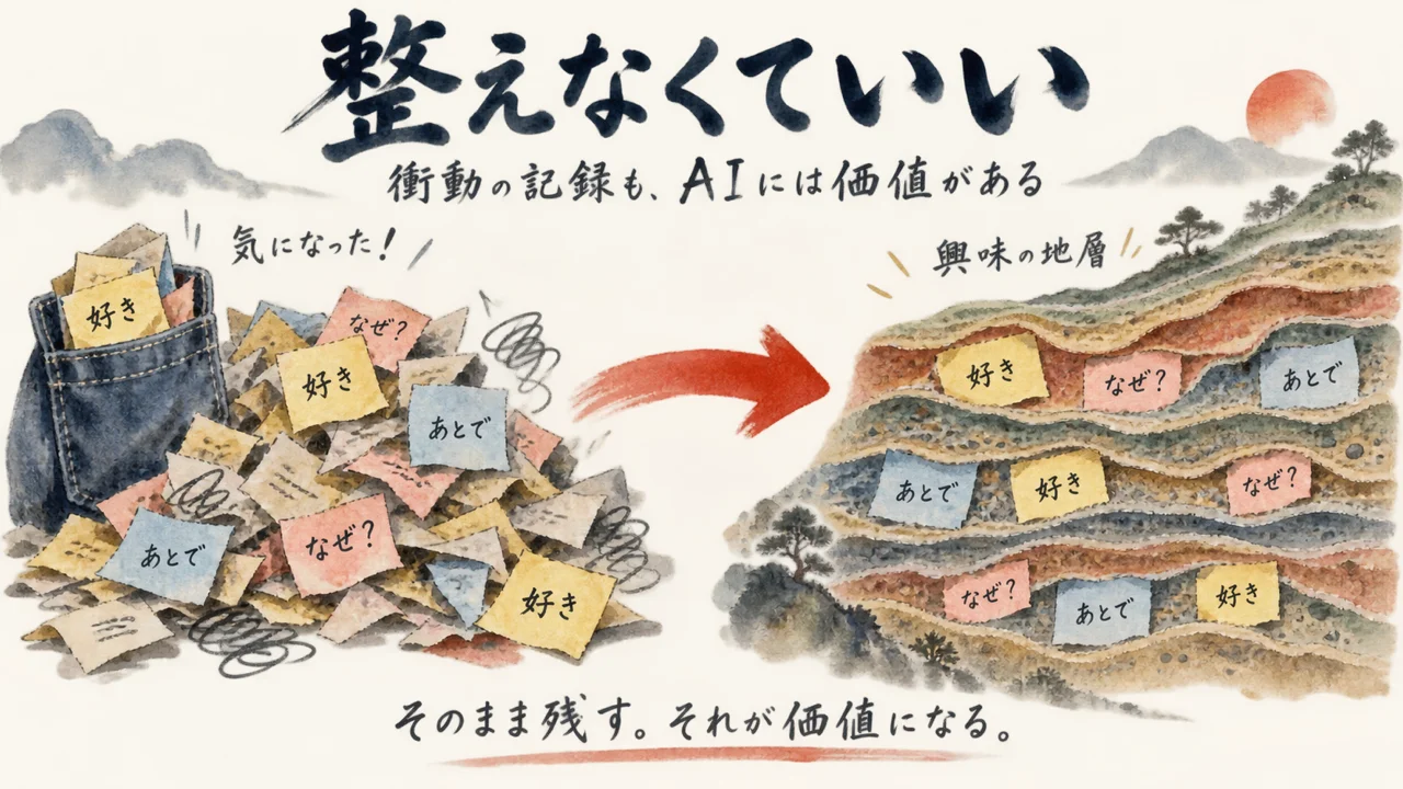 整理していない付箋の山がそのまま興味の地層になる図