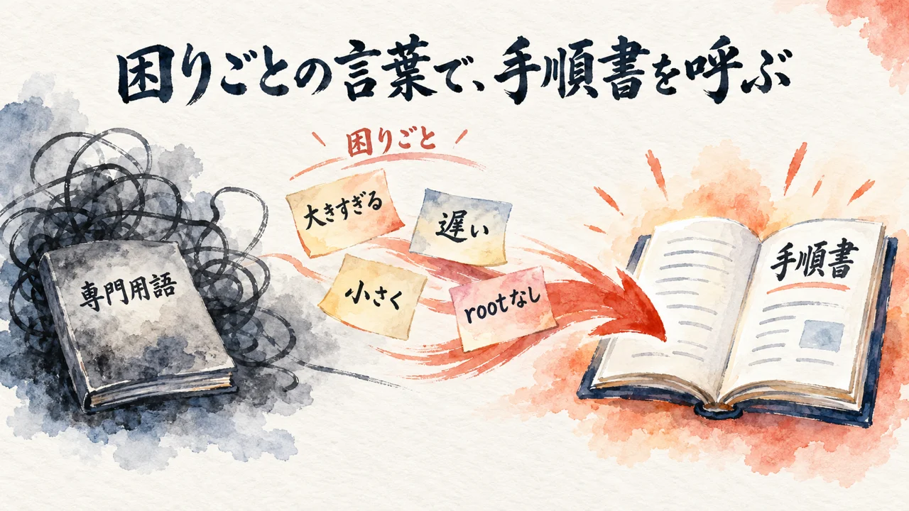 専門用語ではなく困りごとの言葉で手順書を呼ぶ図解
