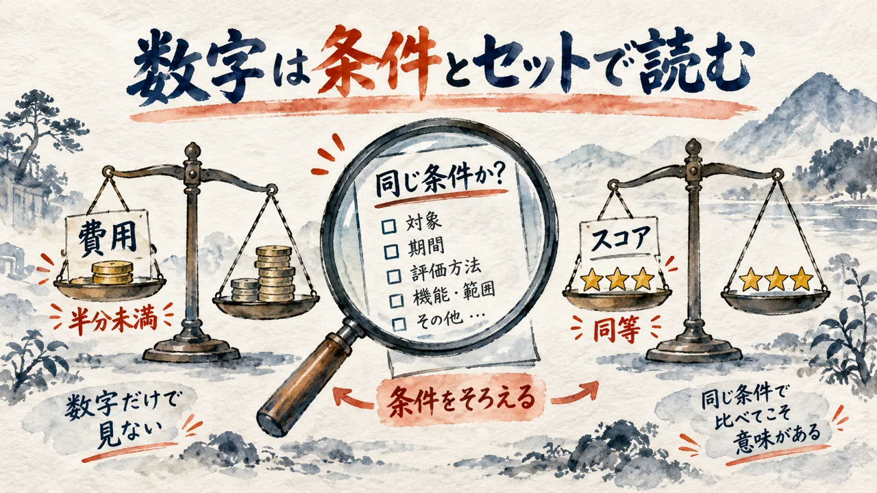 費用とスコアを同じ条件で比べる天秤の図解
