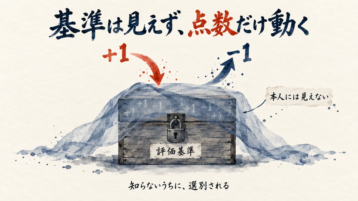 評価基準は本人に伏せたまま鍵付きの箱の中で点数だけがこっそり動くことを示す図。『本人には見えない』という注釈付き