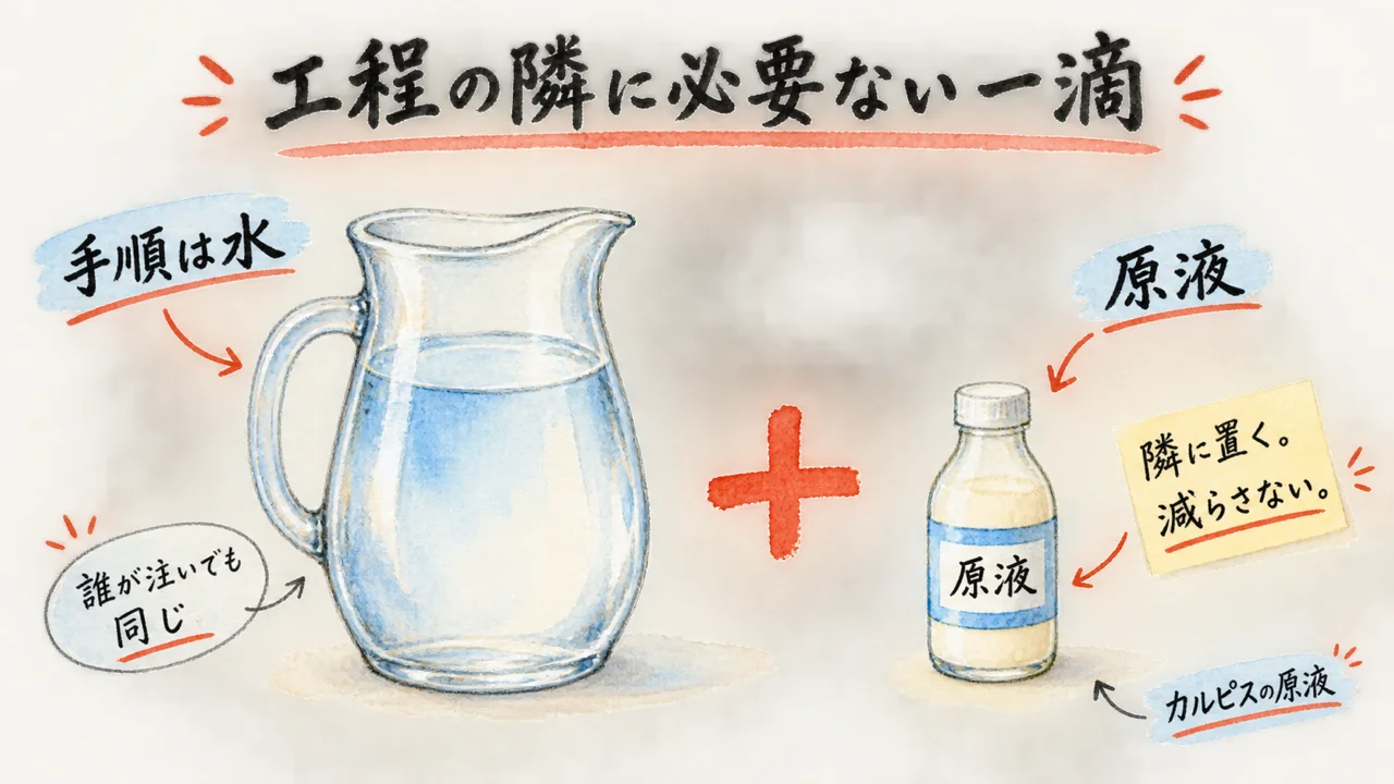 工程の隣に、必要ない一滴を置く