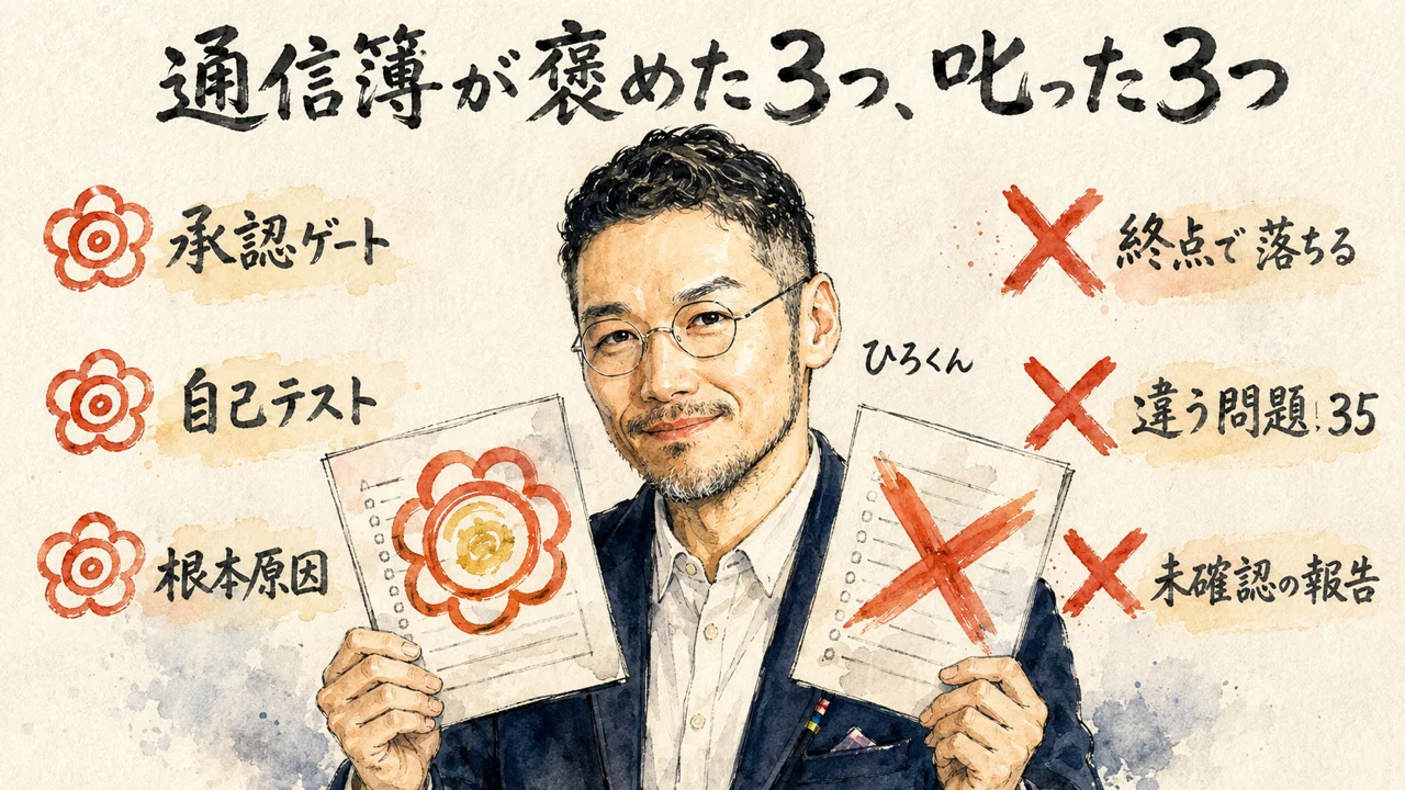 通信簿が褒めた3つ(承認ゲート・自己テスト・根本原因)と叱った3つ(終点で落ちる・違う問題35・未確認の報告)
