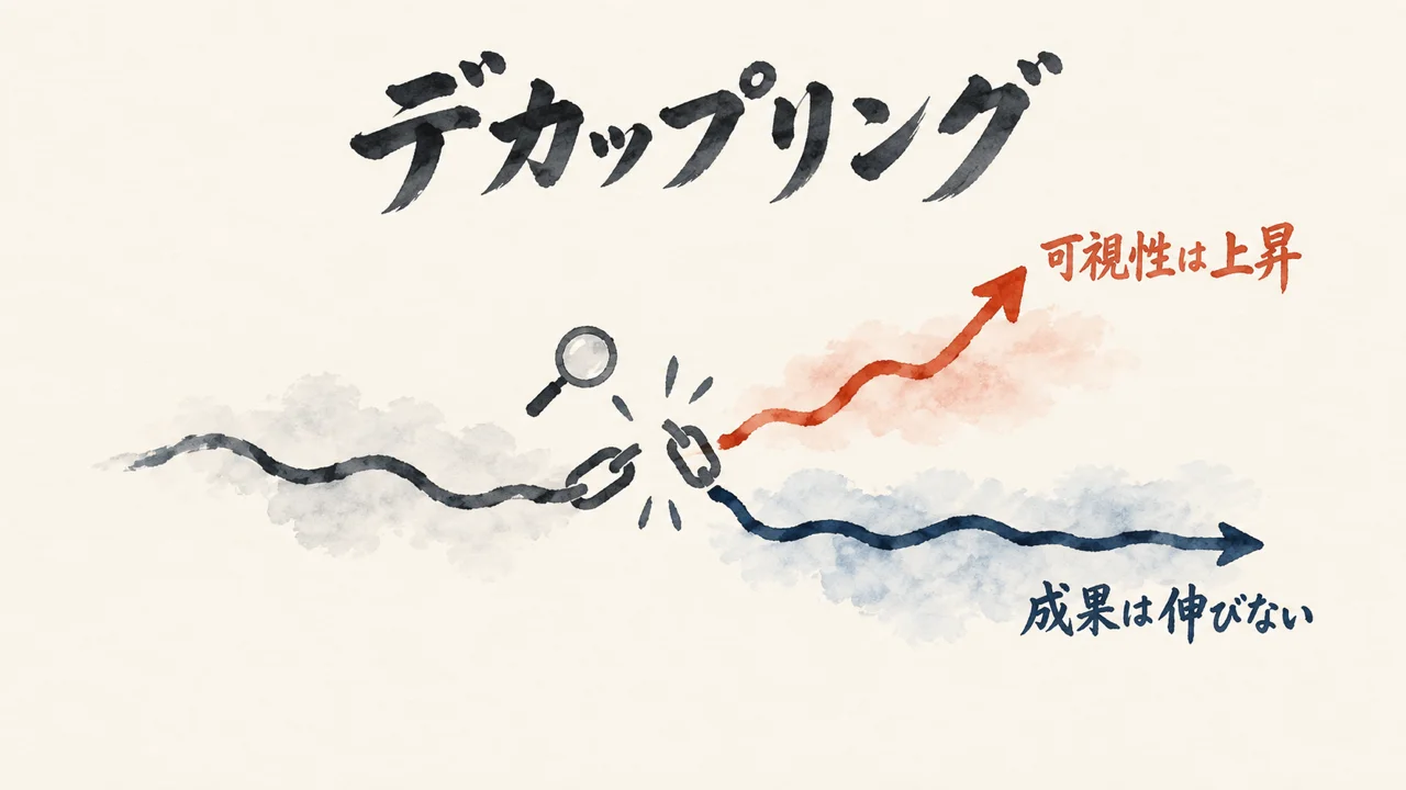 検索の可視性と実際のトラフィックが切り離されるデカップリングの図解