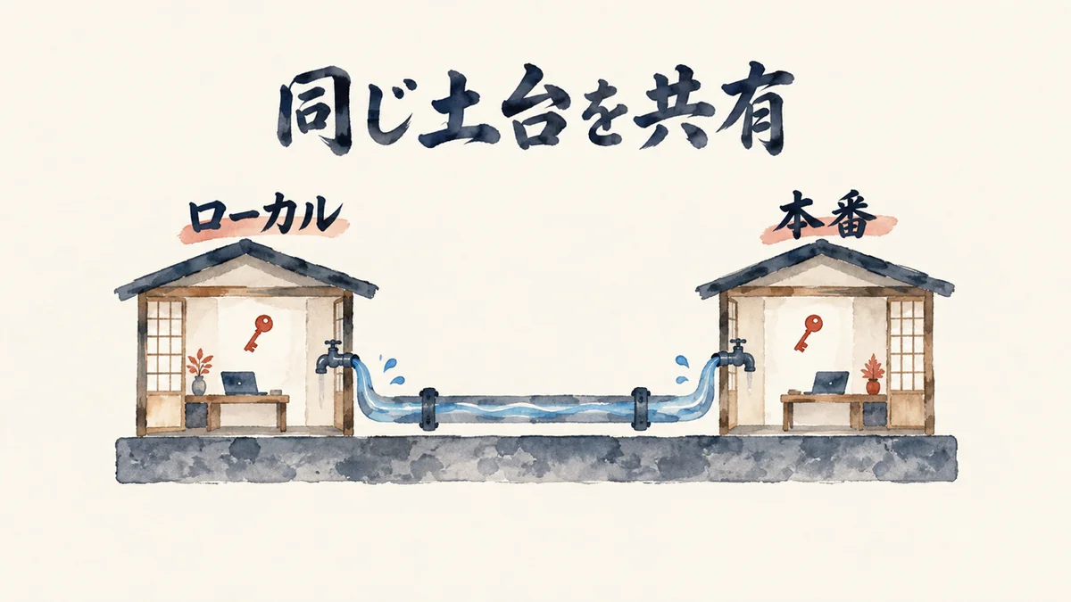ローカルと本番が同じ土台を共有する仕組みの図解