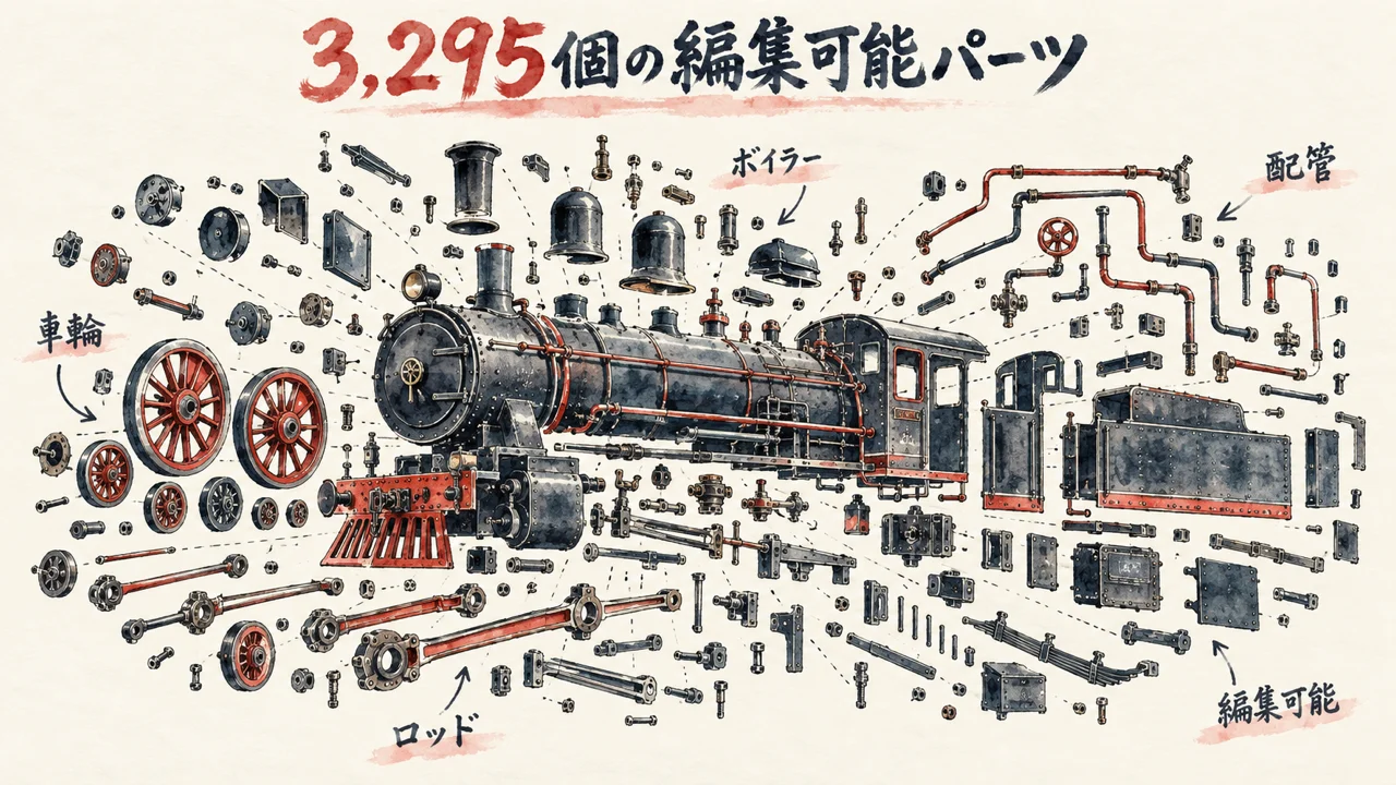 蒸気機関車3,295個の編集可能パーツの分解図