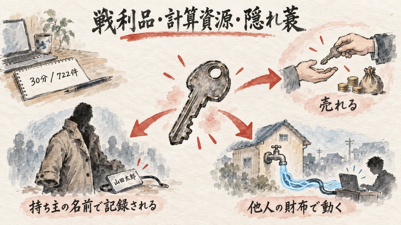 1本の鍵から伸びる3方向の矢印。売れる・他人の財布で動く・持ち主の名前で記録される