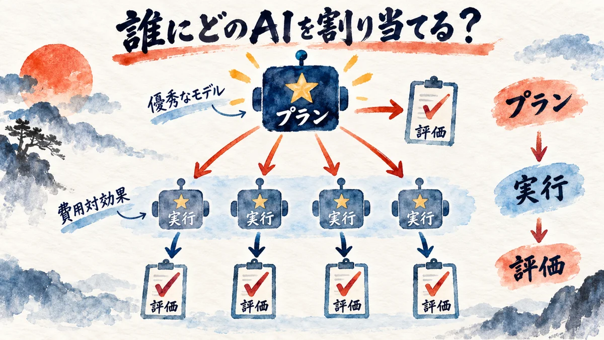 誰にどのAIを割り当てるか。プラン・実行・評価の役割分担の図解