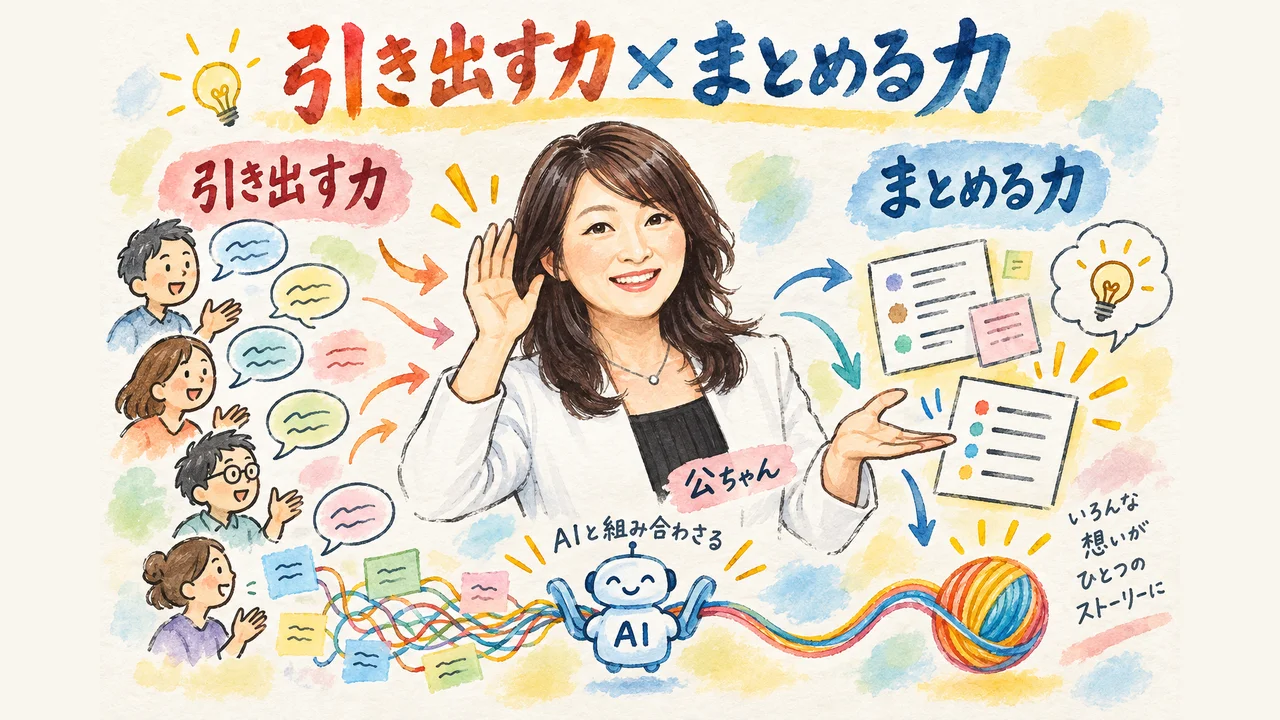 引き出す力とまとめる力がAIと組み合わさる様子を示す図解