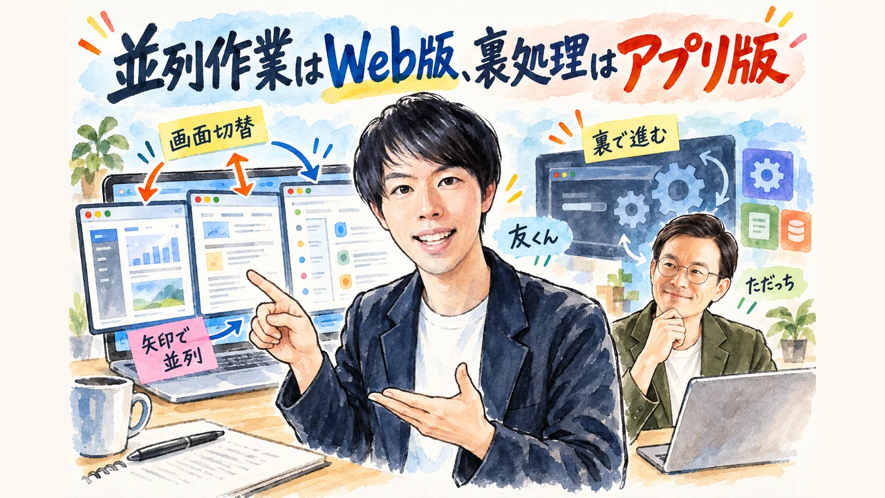 並列作業はWeb版、裏処理はアプリ版 図解