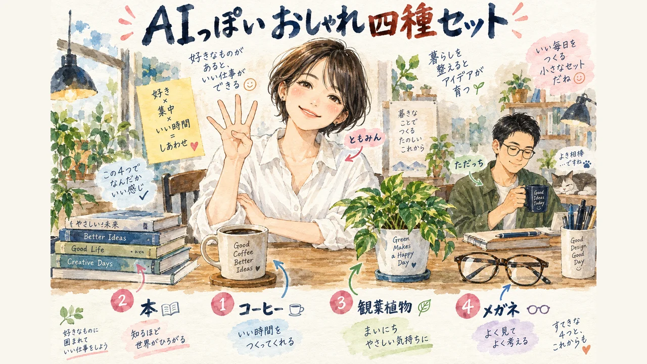 コーヒー・本・観葉植物・メガネの「AIっぽいおしゃれ」四種セット 図解