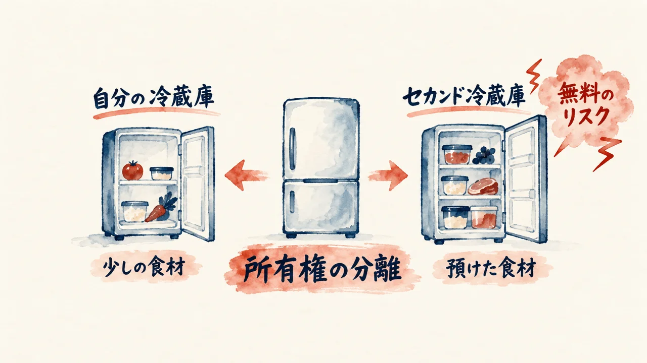自分の冷蔵庫とセカンド冷蔵庫に分けて所有権の分離を説明する図解