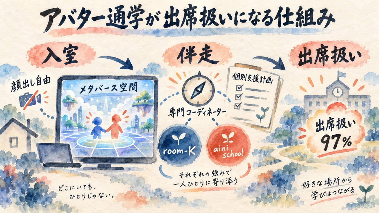 アバター通学が出席扱いになる仕組み。room-Kとaini schoolの伴走の図解