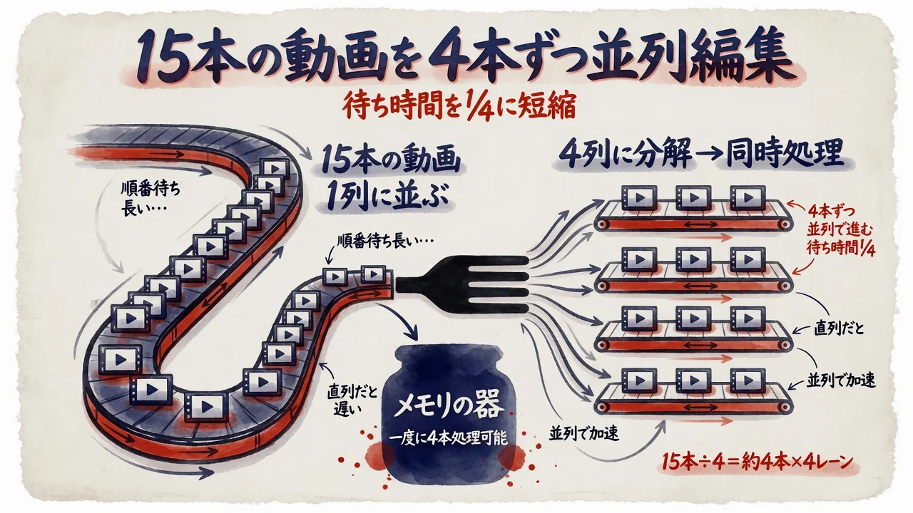 15本の動画を4本ずつ並列編集する図解