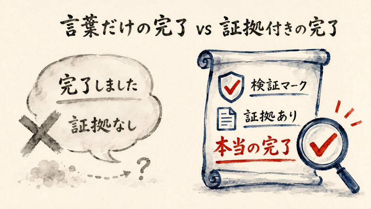 完了報告と検証済みの違いを対比で示す図解