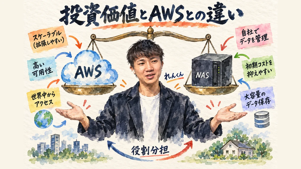れんくんが会社OSの投資価値とAWSとの役割の違いを説明するグラレコ