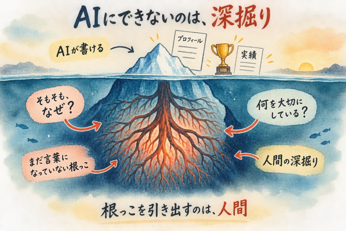 AIにできない深掘りと人間が根っこを引き出す様子を描いたグラレコ