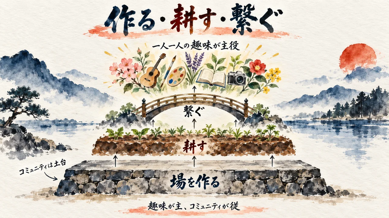 場を作る・耕す・繋ぐの3つの土台の上に一人一人の趣味が主役として咲く図解