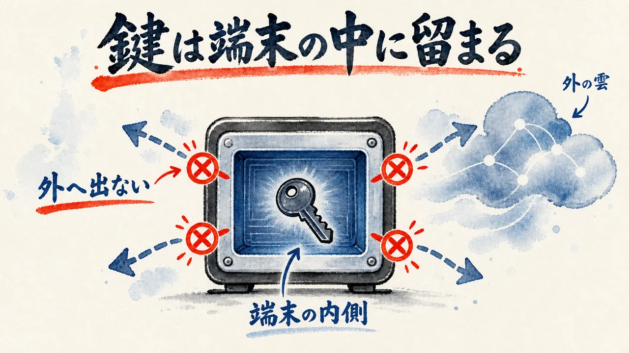 「暗号化キーがデバイスから外部に流出することは決してない」——鍵は外に出さない