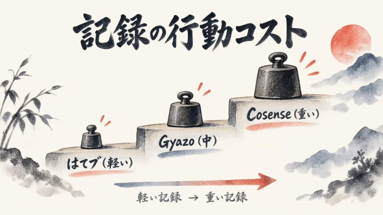 はてブ・Gyazo・Cosenseの行動コストの勾配を階段で示す図