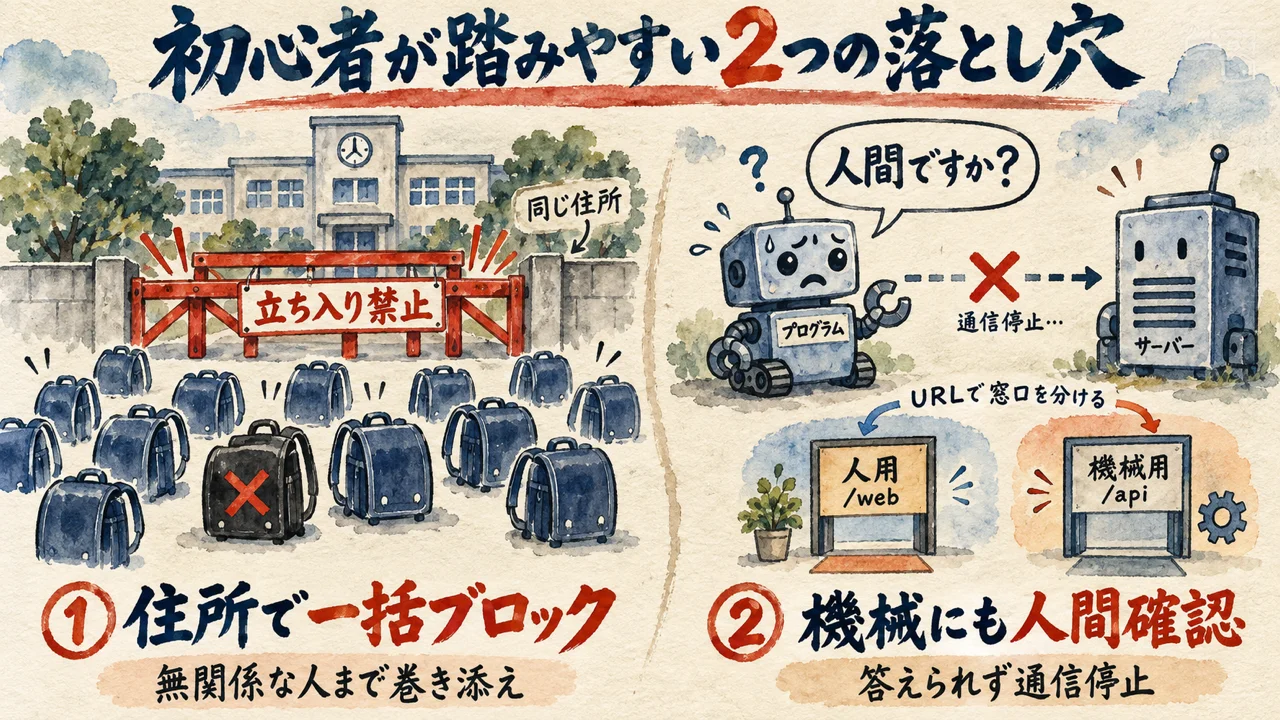 止める条件にURLや通信の種類を組み合わせ、住所だけで一括遮断しない設定に直す。