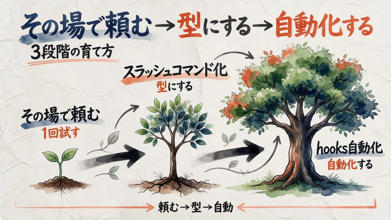 その場で頼む→型にする→自動化する、という3段階の育て方の図解