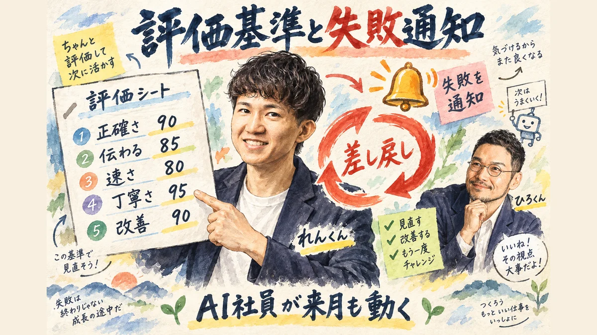 評価基準と差し戻しのループ、失敗通知でAI社員を動かし続ける仕組みを描いたグラレコ