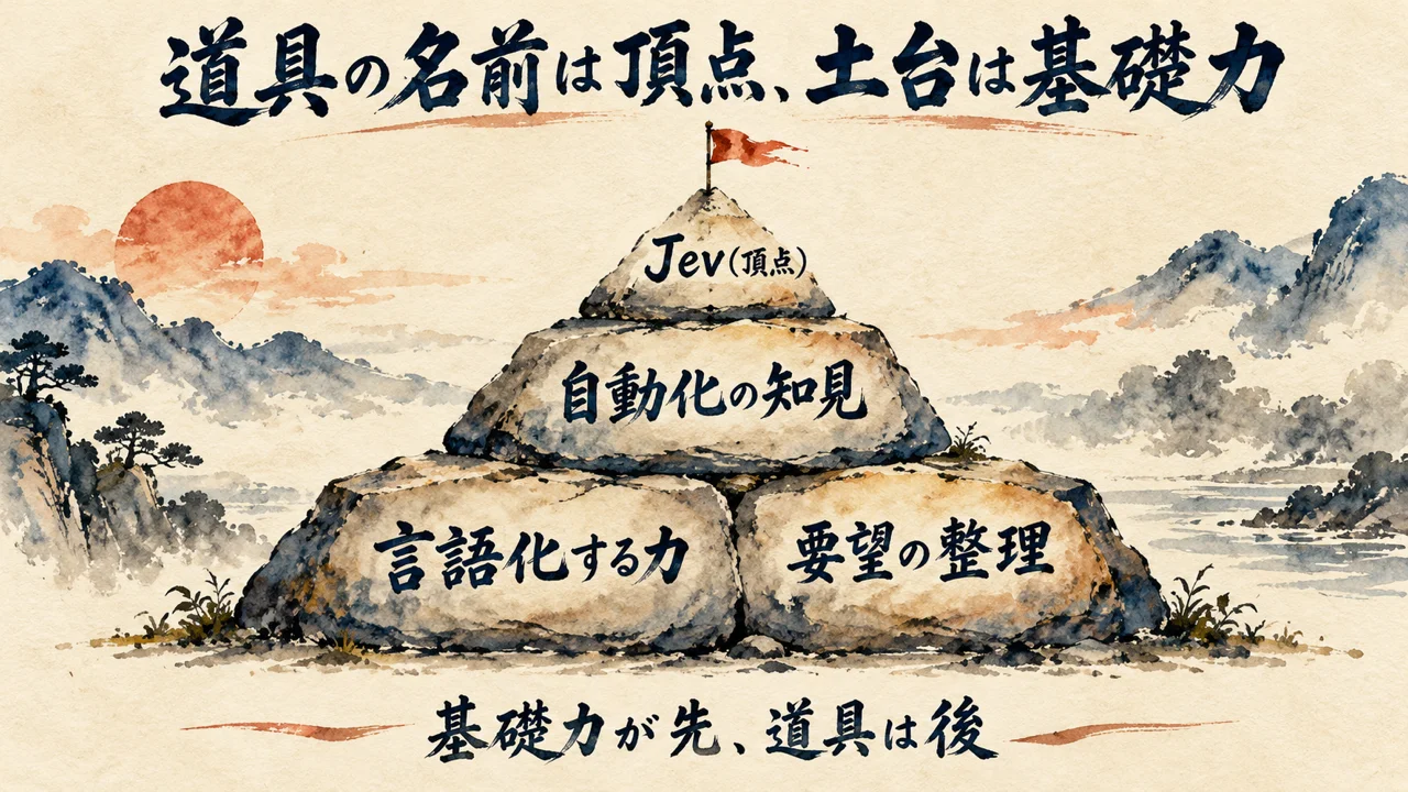 頂点のJevと土台の基礎力を示すピラミッドの階層図解